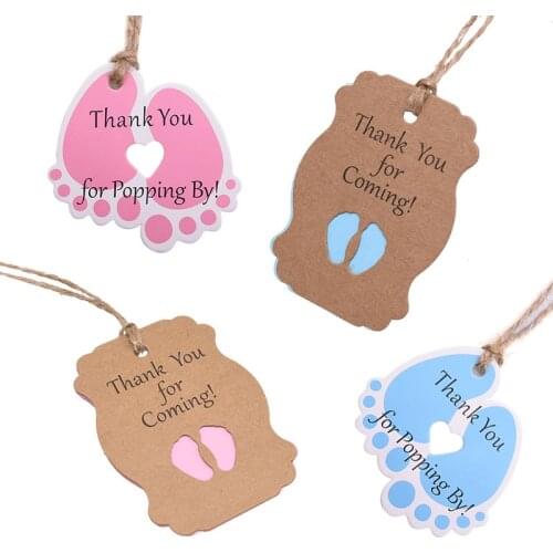 50pcs/set Baby Shower Decor Gift Tag Labels Baby Feet Kraft Paper Tags Gift Paper Cards with String Birthday Party Decoration