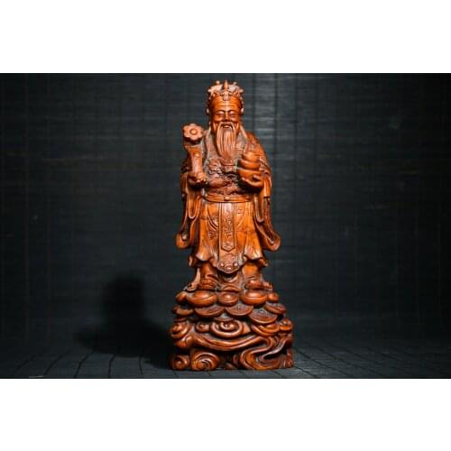 8" China Lucky Seikos Boxwood God of Wealth Statue Wishful Ingots God of Wealth Buddha Statue Lucky fortune