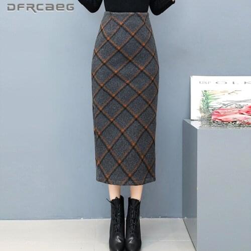 Black Gray Plaid Warm Winter Wool Straight Skirts For Women 2021 High Waist Sexy Split Long Skirt Woolen Female Saias