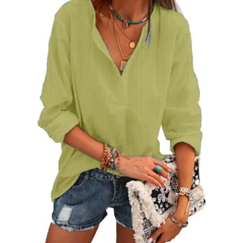 Womens Casual Long Sleeve Button Female Solid Color V-neck Lapel Single-breasted Sleeve T-shirt Casual Loose Commuter Style