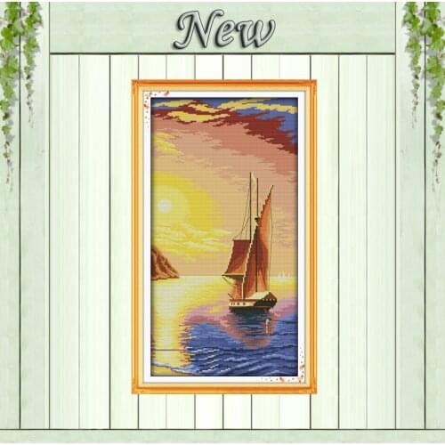 Twilight sail sunset sea Scenery painting,Counted printed on canvas DMC 14CT 11CT DIY Cross Stitch Needlework kit Embroidery Set