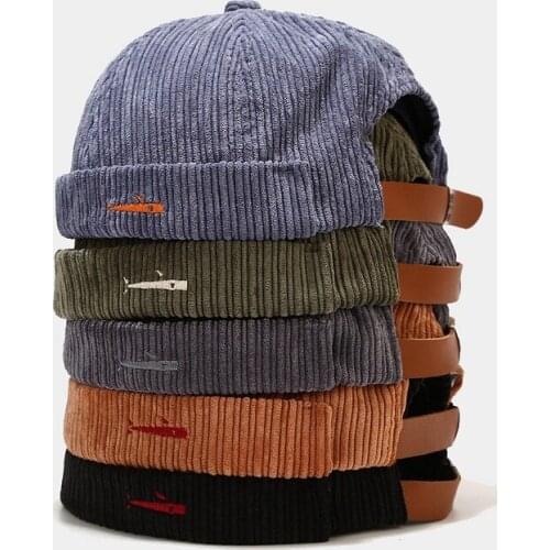 Embroidered Fish Hat For Men Women Fashion Corduroy Skullcap Cap Casual Docker Sailor Mechanic Brimless Spring Men Gorros