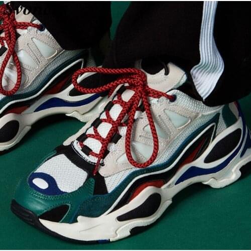 Ins Fashion Genuine Leather Women Sneakers Green Color Block Platform Sneakers Shoes Woman Zapatos De Mujer Chunky Sneakers