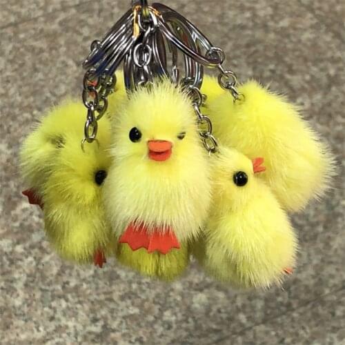 Cute little yellow chicken keychain car key ring real hair small fashion lovely hanging free ship