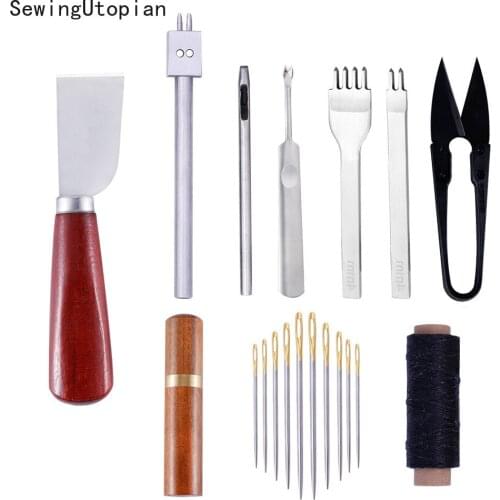 10PCS Leather Craft Tools Kit Wax Ropes Needles Hand Sewing Stitching Punching Cutting Sewing Leather Craft Making Tools Set