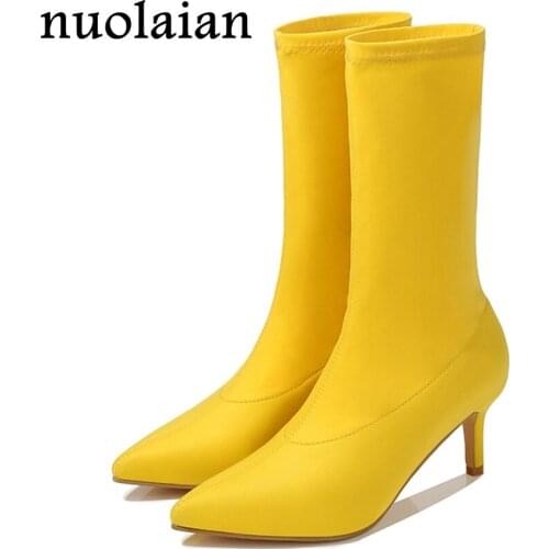 6CM High Heel Shoes Woman Winter Snow Boots Ladies Ankle Boot Womens Stretch Fabric Boots Platform Bottine Lady Chaussure