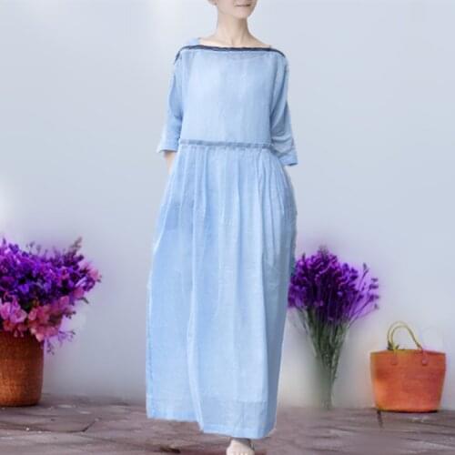 19 Dress Blue Ramie Trapezoid Lead Pullover Bouffancy Seven Part Sleeve Overknee Longuette