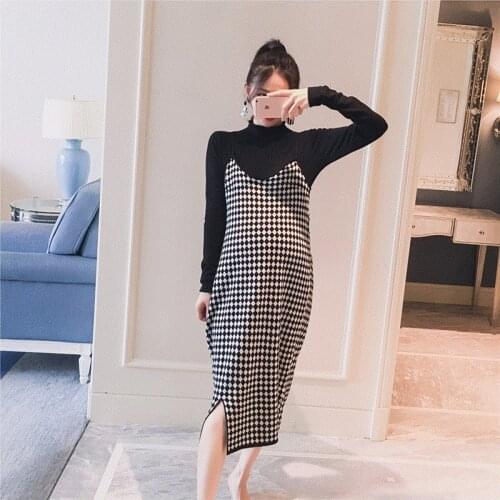 2PCS/Set Black Knitted Maternity Bottoming Shirts Sling Plaid Dress Autumn Korean Fashion For Pregnant Women Pregnancy Clothes