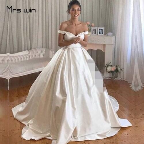 Mrs Win Elegant Plus Size Wedding Dress Boat Neck Long Train Wedding Ball Gowns White Stain Off Shoulder Vestido De Novia HR001