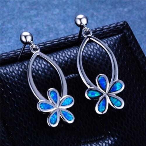 Cute Female Flower Stud Earrings Vintage silver color Double Earrings For Women Boho White Blue Fire Opal Earrings