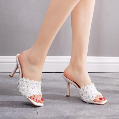 Summer Woman Sandals White Wedding Shoes Ladies Beach High Heels Designer Slides Rhinestone Lace Slippers