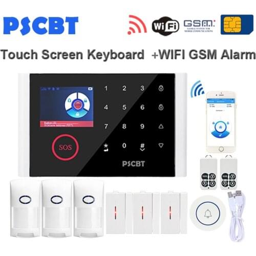 PSCBT Wireless SIM GSM Home Burglar Security LCD Touch Keyboard WIFI GSM Alarm System Sensor kit English,Russian,Spanish Voice