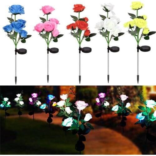 Outdoor Solar Powered Rose Lights 5/3heads Waterproof Flower Stake for Garden Patio Yard Pathway Lawn Decoration