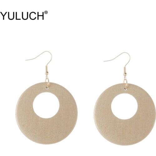 YULUCH 2019 Fashion Drop Round Hollow Wooden Pendant Earrings Trendy Gold Dangle Statement Earrings For Lady Girls Wedding Party
