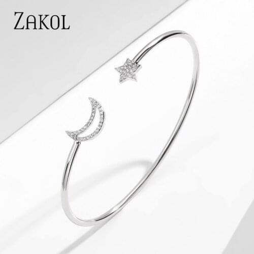 ZAKOL Temperament Cubic Zirconia Star Moon Shape Open Cuff Bangles Bracelet for Women Fashion Daily Dress Jewelry BP2236