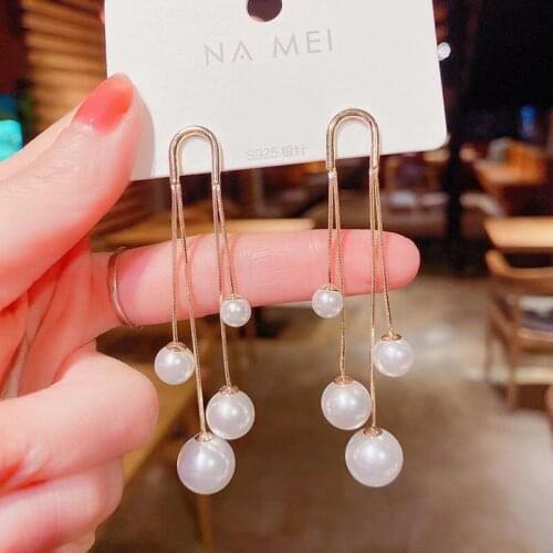 Ladies Gold Long Tassel Imitation Pearl Pendant Earrings Elegant Girly Gift Trend Fashion Party Jewelry