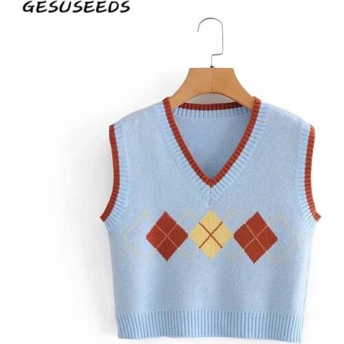 Knitted tank top women 2021 kawaii sleeveless tops vintage argyle top summer v neck crop top preppy style plaid tops blue white