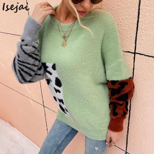 Leopard Print Imitation Mink Sweater Women Contrast Color Knitting Sweater Women Autumn Winter Thick Pullover Jumpers