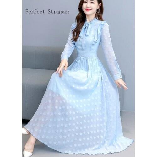 2020 Autumn New Arrival High Quality Hot Sale Stand Collar Jacquard Long Sleeve Women Chiffon Long Dress