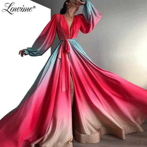 Robe De Soiree Deep V Neck Long Prom Dresses Full Sleeves Party Dress Abendkleider 2020 African Arabic Evening Gown Kaftans