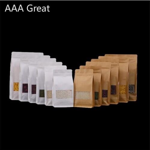 100Pcs/Lot Kraft Paper Ziplock Packaging Bag Eight Side Seal Zipper Bags Plastic Window Stand Up Pouches Rice Snack Food Storage