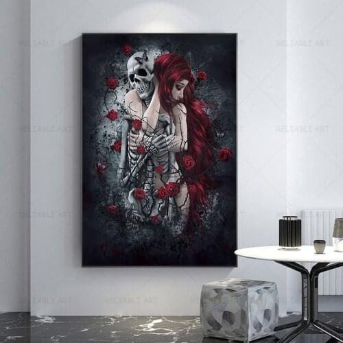 Abstract Skeleton Skull Girls Canvas Painting Wall Art Red Rose Posters Embrace Hug Love Prints for Living Room Bedroom Decor