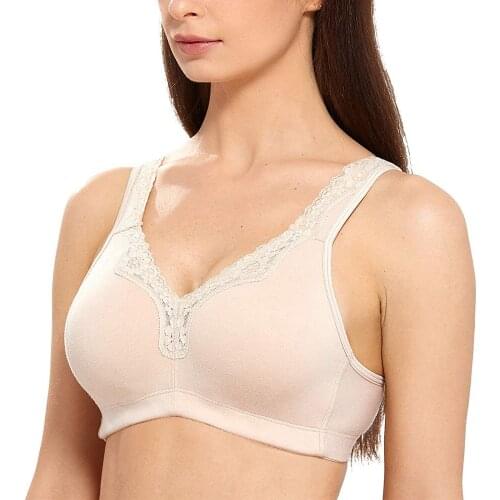 Soft Cup Sleeping Underwear Non Padded Lace Trim Plus Size Wirefree Cotton Bra Women Wire free Minimizer Bra C D E F G H I