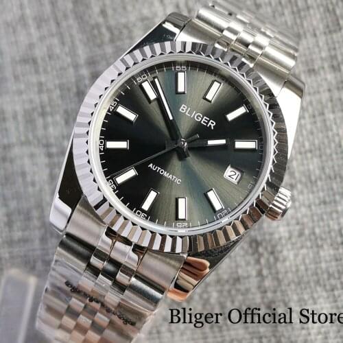 BLIGER Sunburst Grey Japan MIYOYTA 8215 36MM/39MM Men Watch Flat Sapphire Crystal No Magnifier Jubilee Band Baton Marks Hand