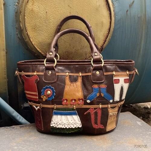 Cobbler Legend Woman Cartoon Patchwork Totes Cow Genuine Leather Handbag Vintage Messenger Shoulder Bag Ladies Top Handle Bags