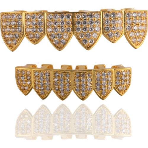 1Set Colorful Vampire Teeth Gold Color Plated Hip Hop Teeth Grill Caps High Quality Micro Pave CZ Top & Bottom Grillz