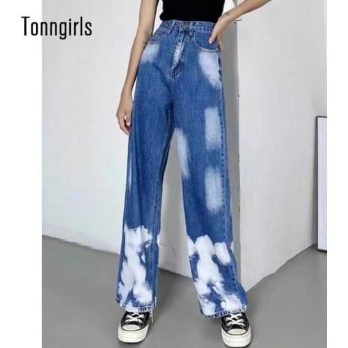 Tonngirls Summer Denim Jeans Womens Casual Loose Y2k Straight Jeans High Waist Contrast Color Long Denim Pants Vintage Jeans