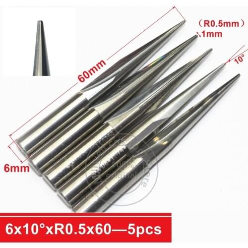 6mm*10degree*R0.5*60L,5pcs,CNC carbide wood End Mill,woodworking insert router bit,Taper ball nose milling cutter,deep relief