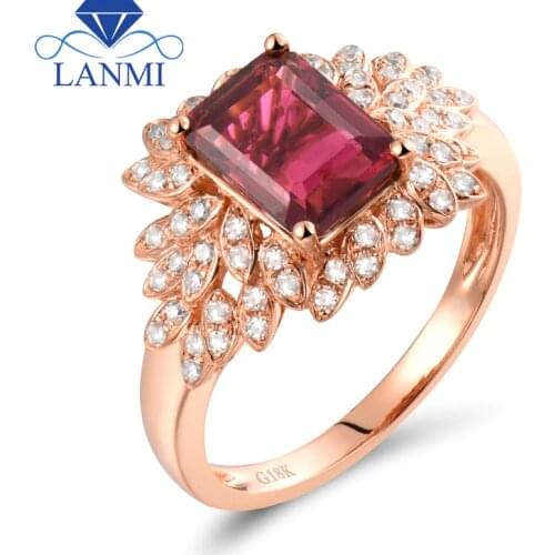 Solid 18K Gold Rings For Women Emerald Cut 6x8mm Natural Tourmaline Rings For Birthday Gift SR0333