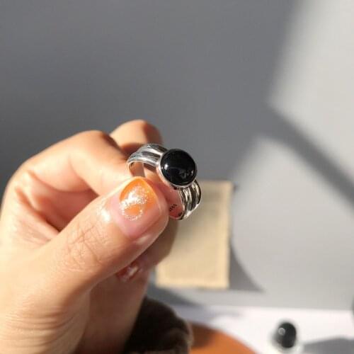 Morivovog Sterling 925 Silver Black Agate Round Bead Rings for Women Retro Double Layer Chic Statement Rings Minimalist Jewelry