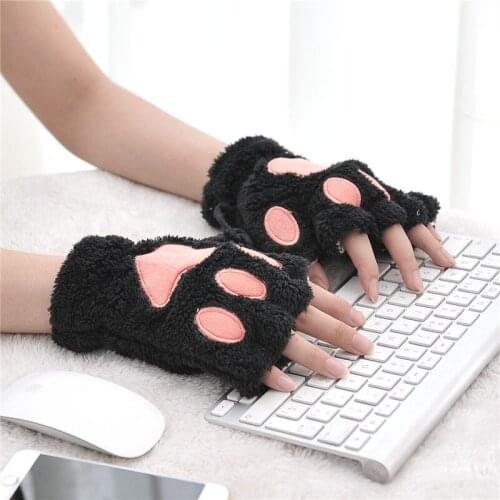 Korean cartoon violent claw cute women students exposed half finger female autumn winter warm plush cat claw gloves