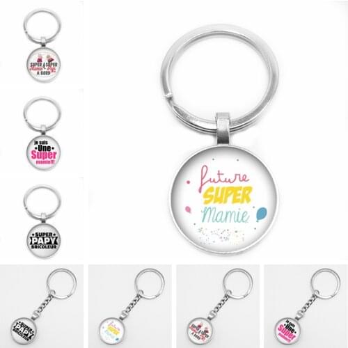 Hot! New Hot Super Mamie Round Pattern Glass Keyring Cabochon Gem Super Papy Dome Charm Cameo Car Keychain Pendant