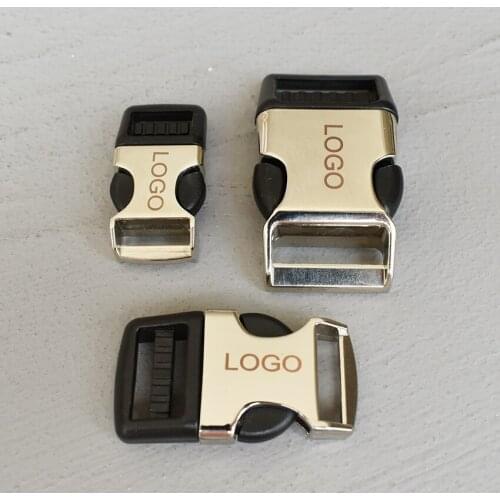 LOGO 100 Pcs 15/20/25mm Metal Quick Side Release Buckles LaLaser Engraving For Bag Luggage Outdoor Backpack strap Belt Webbing