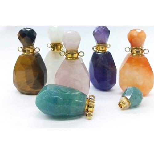 Natural Amethysts Rose quartzs Perfume Bottle pendant Healing Crystal Gems stones vials essential diffuser Charms for necklace