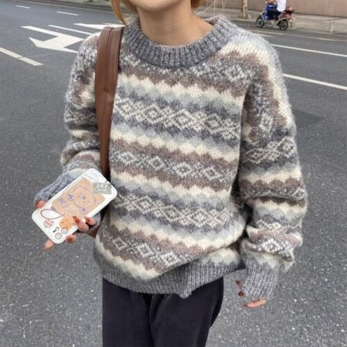 Pullover Sweater Women Loose Round Neck Long Sleeve Sweaters Knitted Cotton Sweater Womens Jumper
