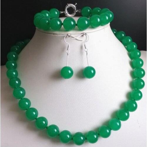 Rare 10mm Natural Green Malay Jade Round Gems Necklace Bracelet Earring A Set Natural jewelry
