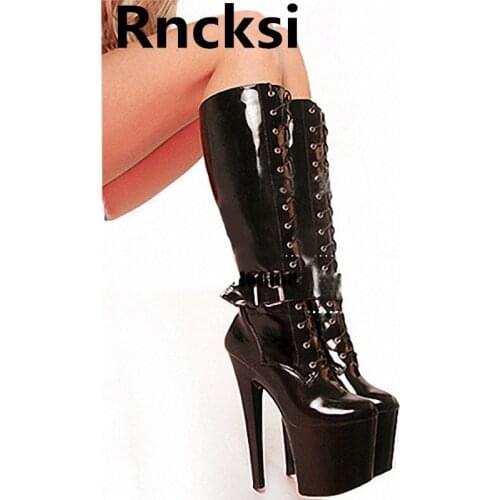 Rncksi Buckle Girls Party Queen Zipper Chick Heels Transprant Platform Womens Boots Dance Shoes 20cm Heels High Knee High Boot