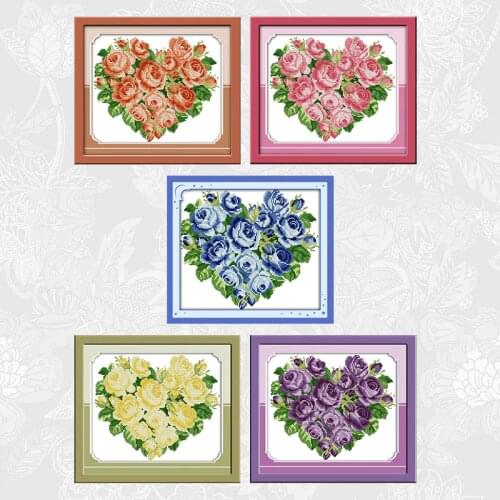 Rose Hearts of Different Colors Cross Stitch Printed on Canvas DIY Handmade Cross Stitch Embroidery Needlework Home Crafts