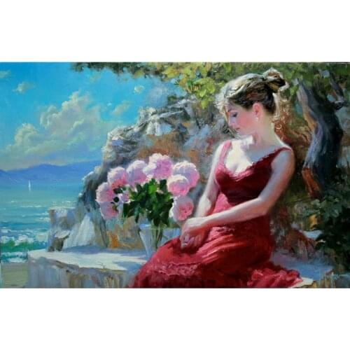 Hand made famous artists a elegant lady beautiful woman in the garden dree a red skirt oil painting