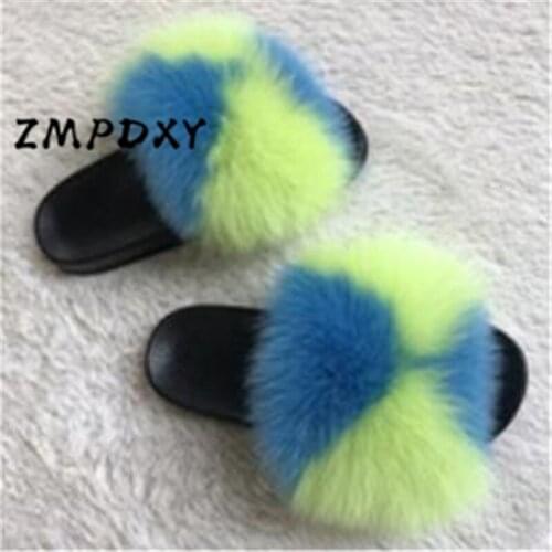 Womens Summer Real Fox Fur Slipper Childrens/Kids Furry Beach Slides Fluffy Fox Fur Sandals Flip Flop Female Woman Plush Shoes