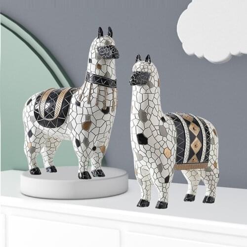 NORDIC SIMPLE CREATIVE MOSAIC ALPACA ART SCULPTURE CACTUS ALPACA ANIMAL STATUE RESIN CRAFT DECORATIONS FOR HOME R3447