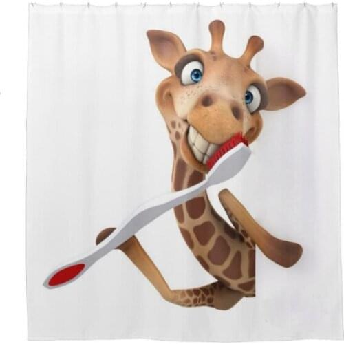 Good Morning giraffe with Toothbrush Shower Curtain and Mat SetHome Decoration Cuddly Waterproof Fabric Bathroom Curtain