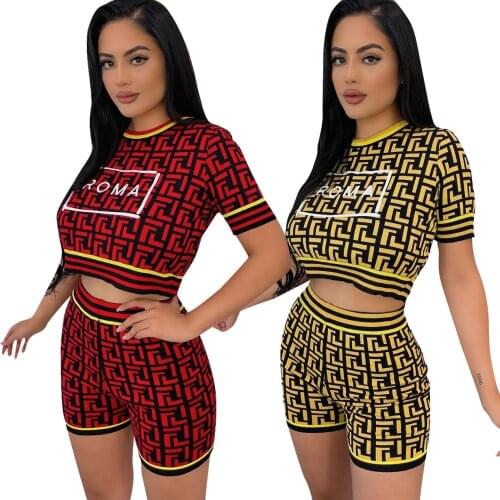 Echoine Summer embroidery Print Set Shortsleeve Women Sexy Crop Tops and Biker Short Two Piece Sets Fashion Tracksuit Outfits
