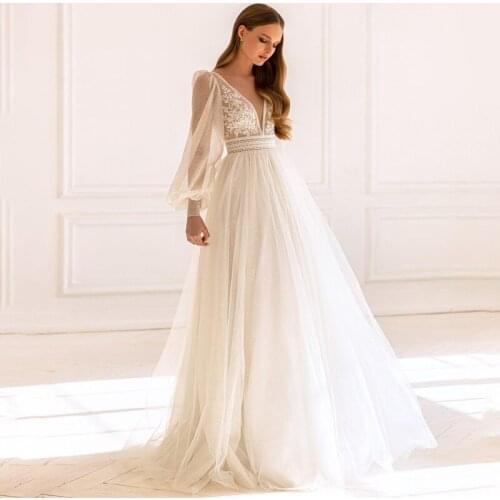 V-neck Sheer Sleeves Lace Appliqued Sheat Wedding Dresses Long Sleeve Satin Sweep Train Bride Dress 2020 Beach Wedding Dresses