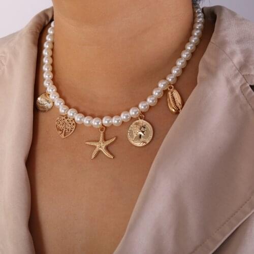 Lovely Choker Women Necklace Pearl Starfish Shell Necklace Coin Clavicle Chain Collares Party Jewelry Friendship Gift