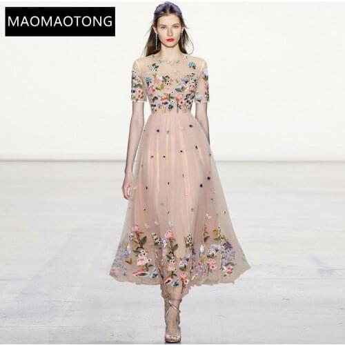 Fashion Designer Summer Party Dress Womens Short sleeve Mesh Flowers Embroidered Vintage Midi Dress